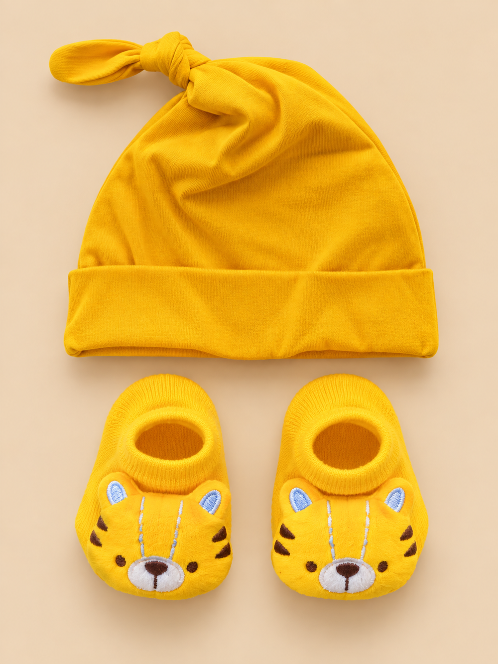 Baby Knotted Cap & Animal Bootie Socks Set – 2 Piece