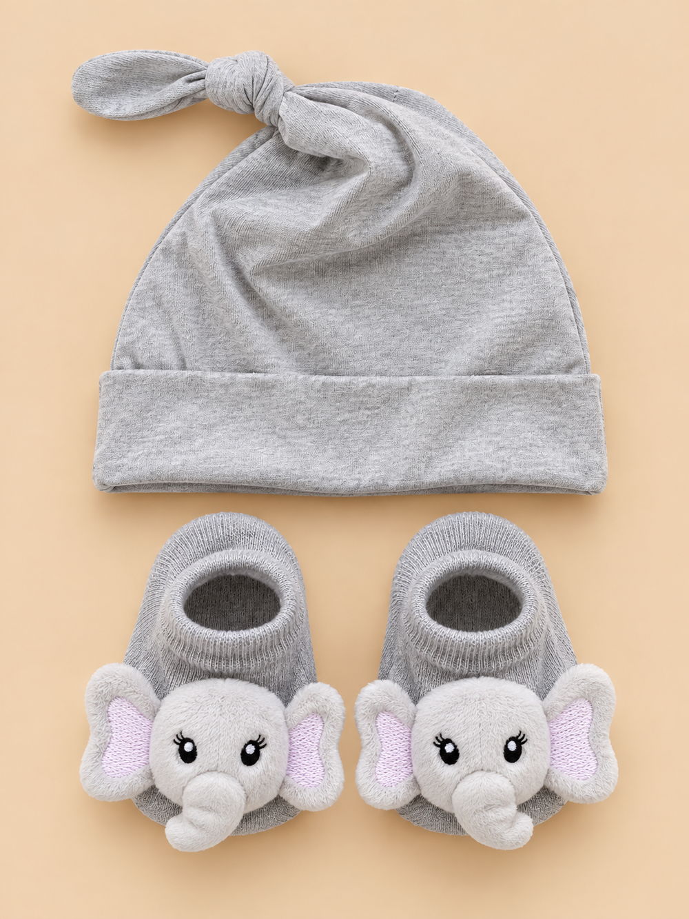 Baby Knotted Cap & Animal Bootie Socks Set – 2 Piece