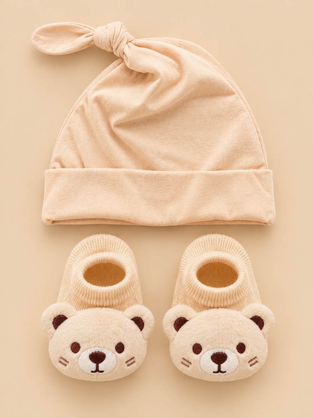 Baby Knotted Cap & Animal Bootie Socks Set – 2 Piece