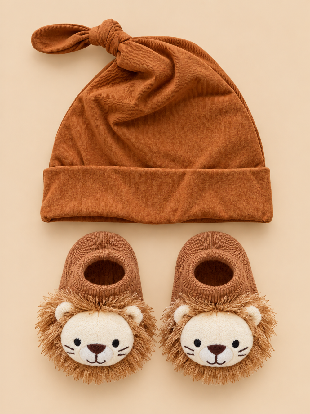 Baby Knotted Cap & Animal Bootie Socks Set – 2 Piece