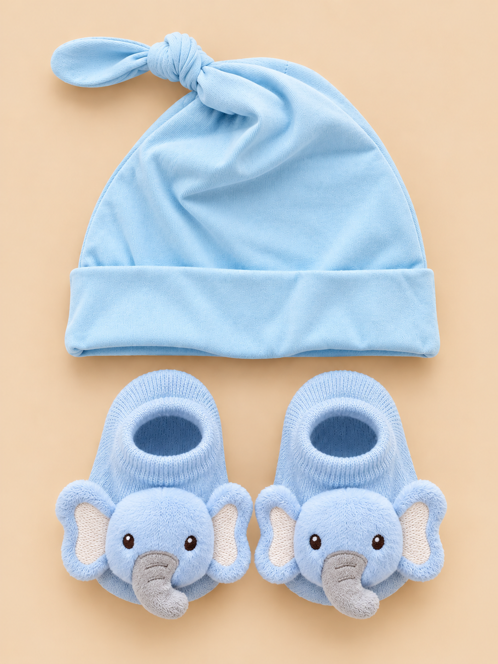 Baby Knotted Cap & Animal Bootie Socks Set – 2 Piece