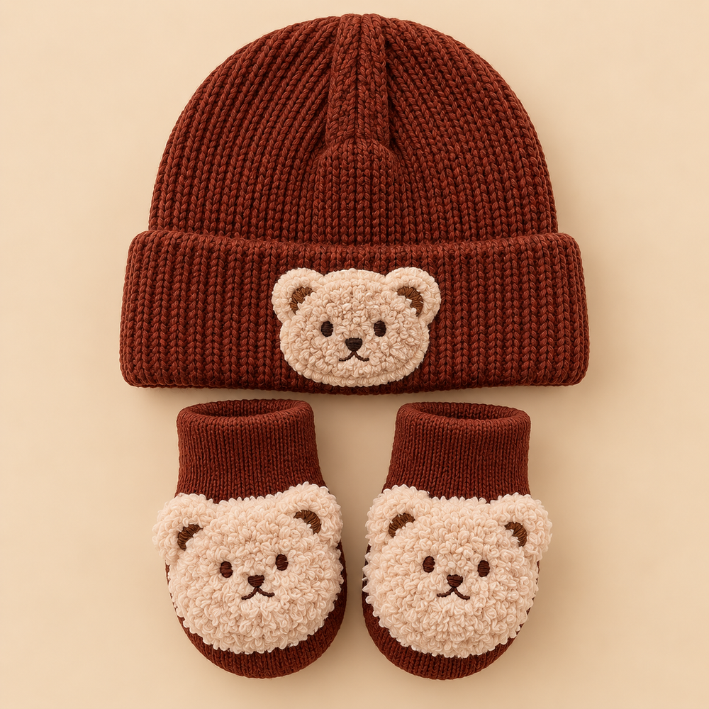 Teddy Bear Knitted Baby Beanie & Booties Set