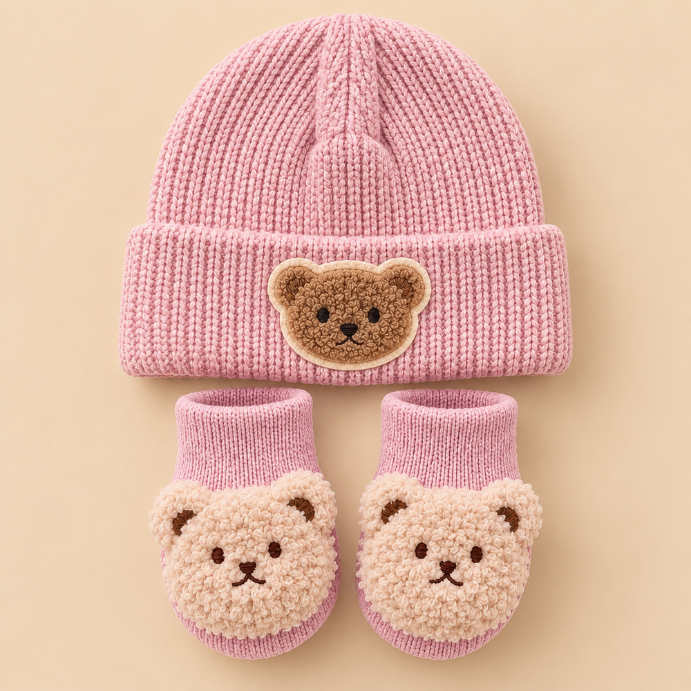 Teddy Bear Knitted Baby Beanie & Booties Set
