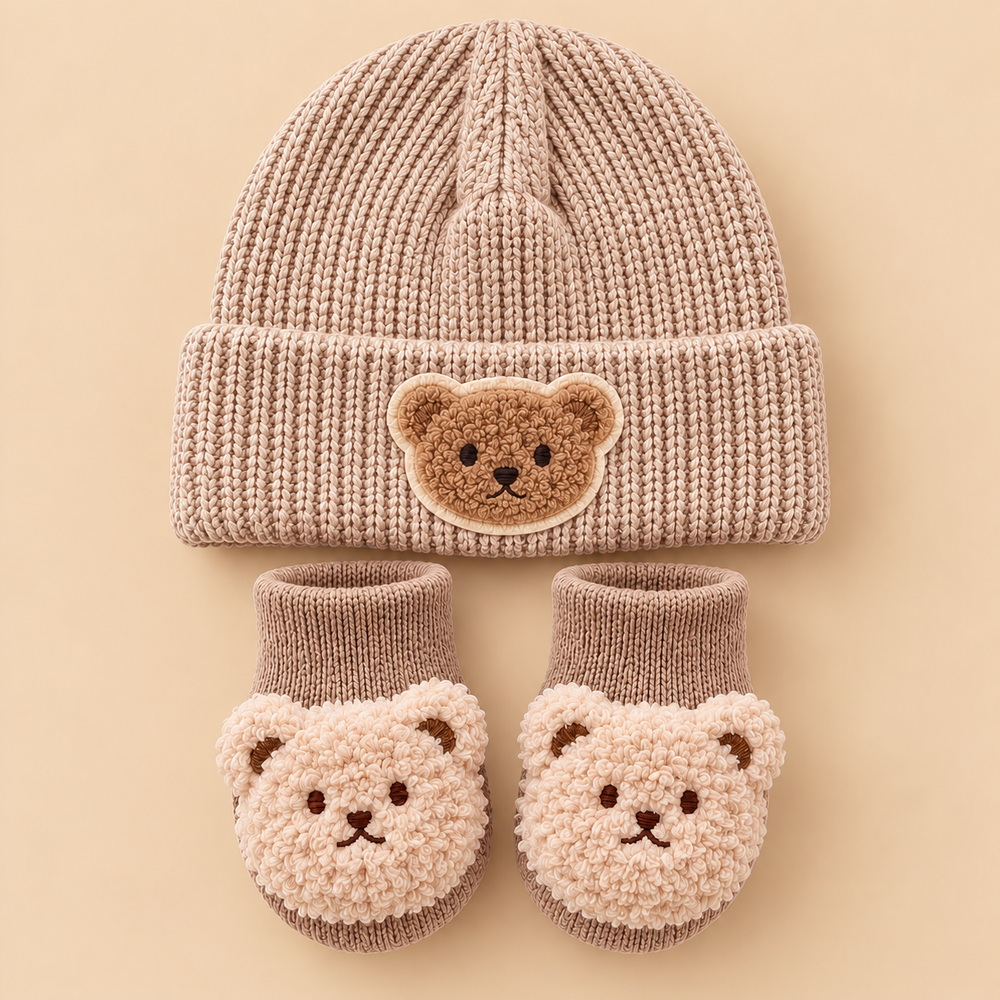 Teddy Bear Knitted Baby Beanie & Booties Set