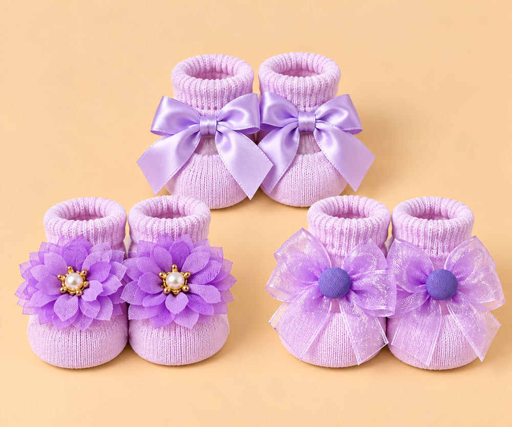 3-Pair Floral & Bow Baby Sock Shoes Set