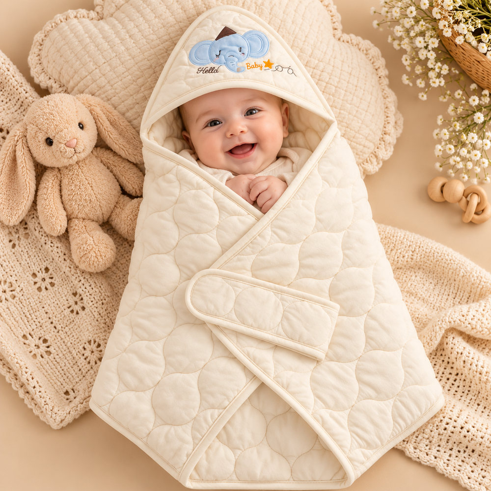 Quilted Hooded Baby Wrapping Sheet – Elephant Design