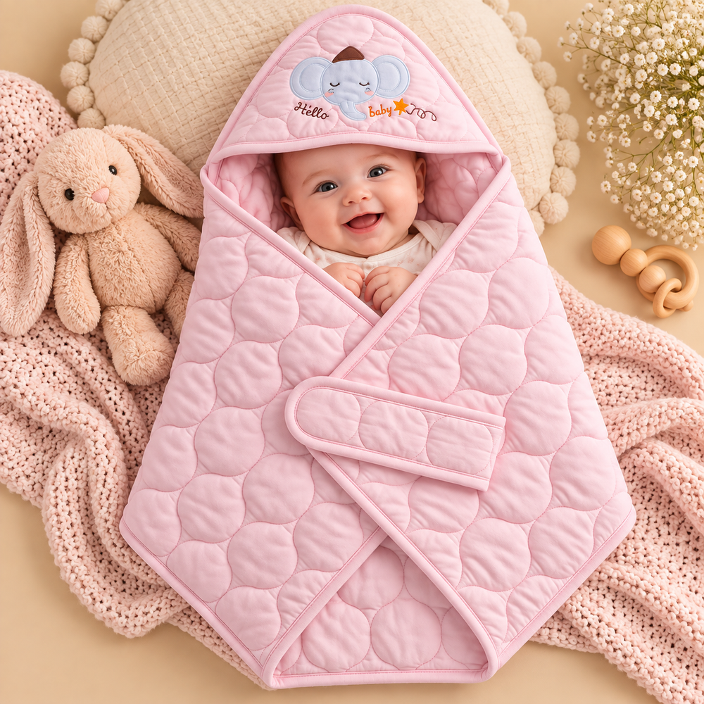 Quilted Hooded Baby Wrapping Sheet – Elephant Design