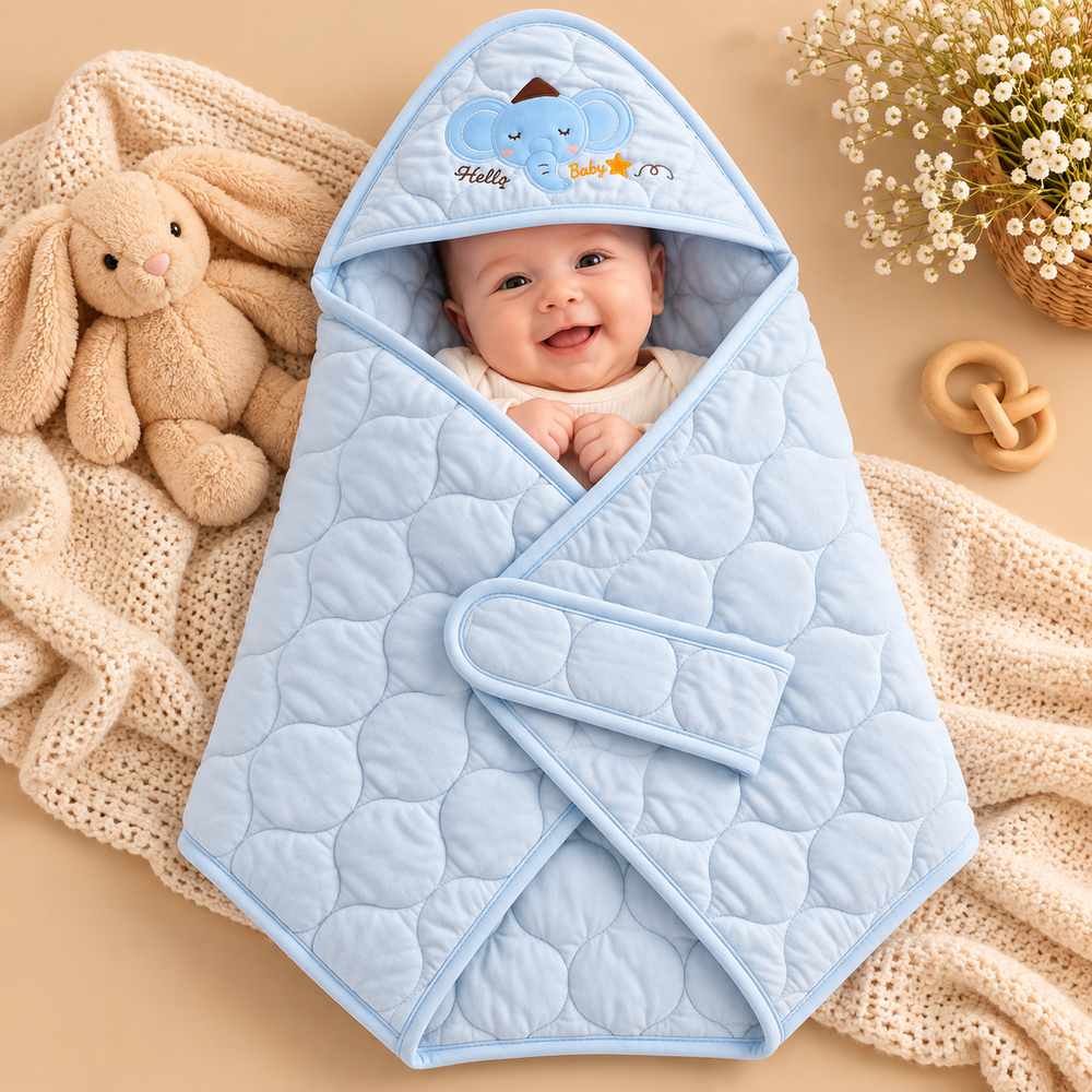 Quilted Hooded Baby Wrapping Sheet – Elephant Design
