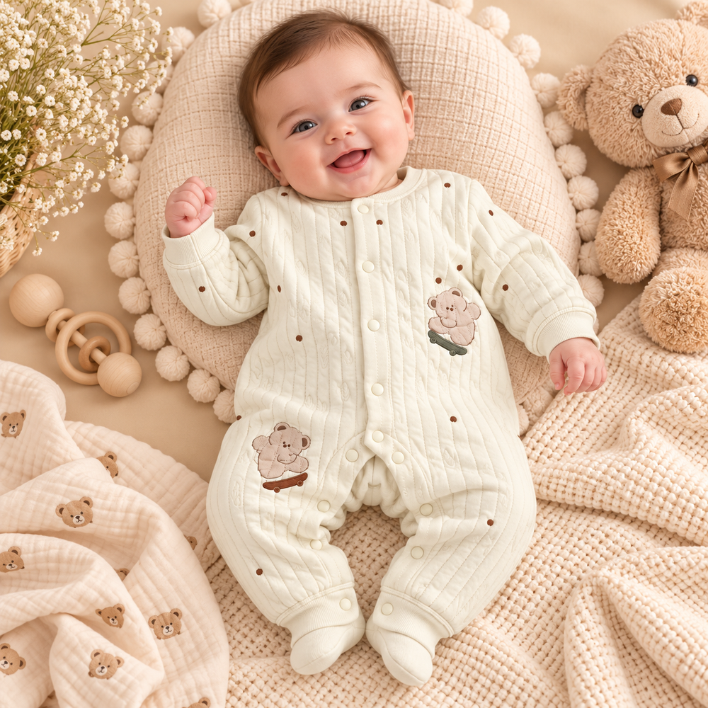 Cozy Quilted Teddy Baby Romper – 3 Colors