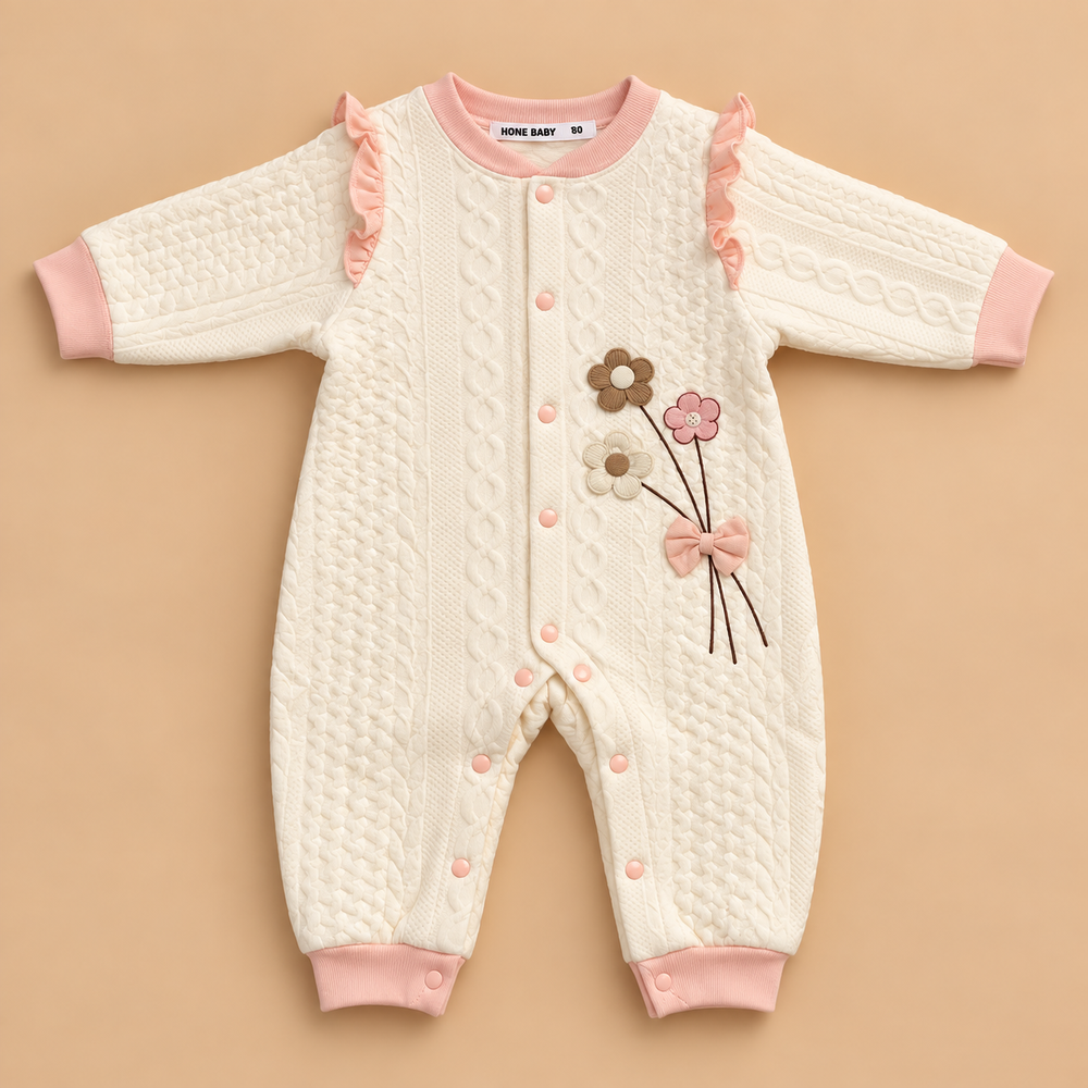 Floral Cable-Knit Baby Romper with Ruffle Detail – 2 Colors