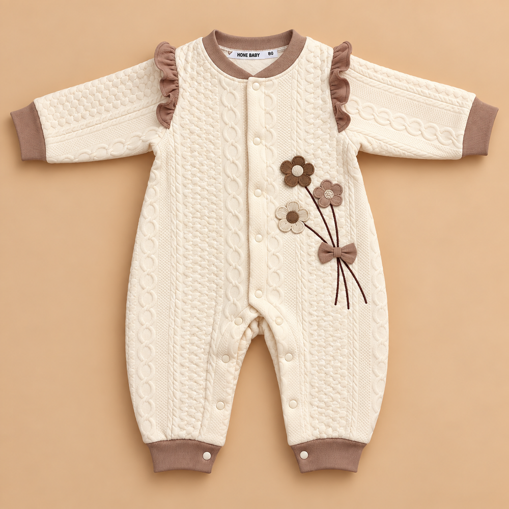 Floral Cable-Knit Baby Romper with Ruffle Detail – 2 Colors