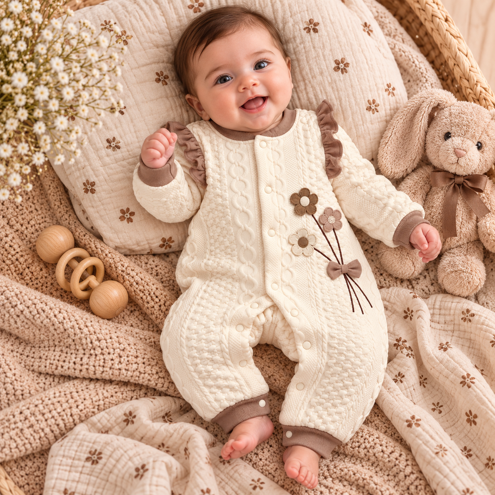Floral Cable-Knit Baby Romper with Ruffle Detail – 2 Colors