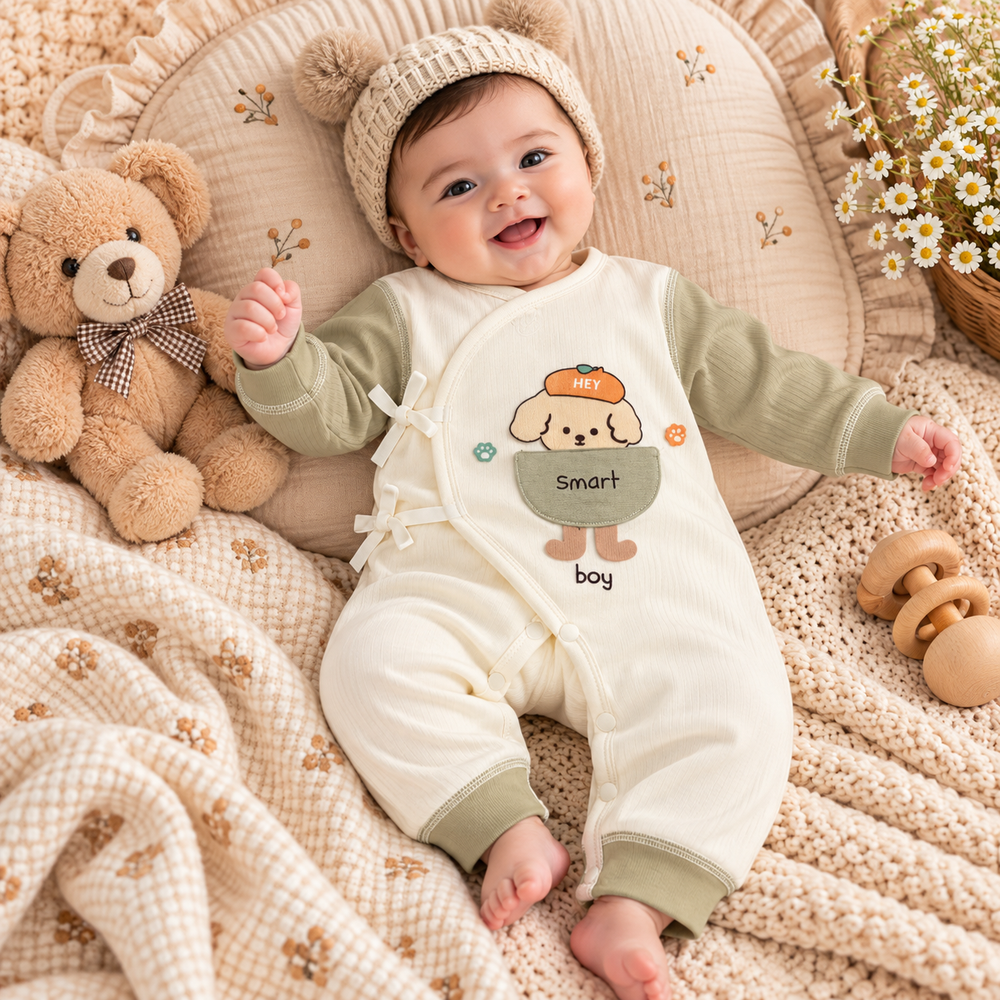 Smart Boy Puppy Wrap Baby Romper – 3 Colors