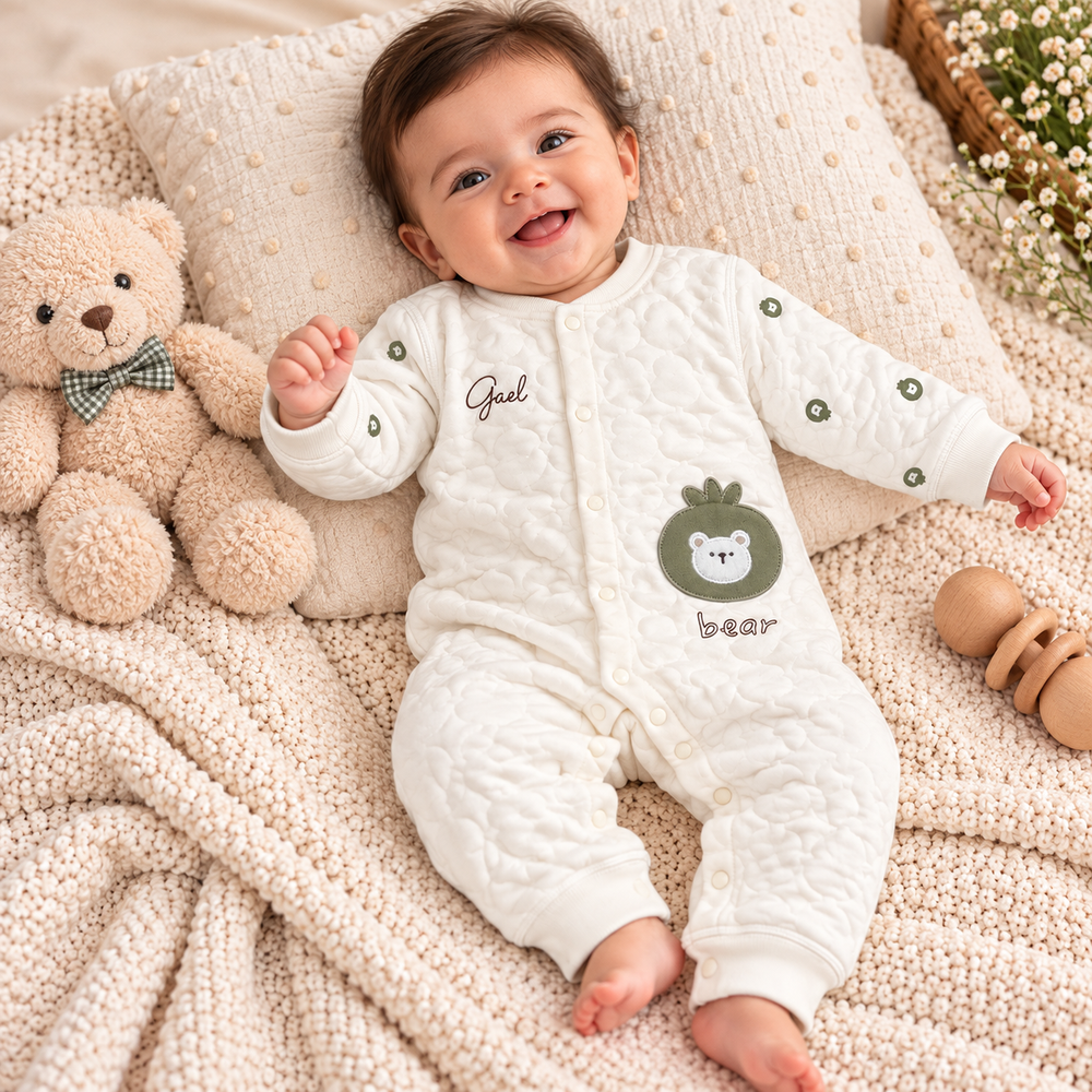 Cozy Quilted Bear Baby Romper – 2 Designs