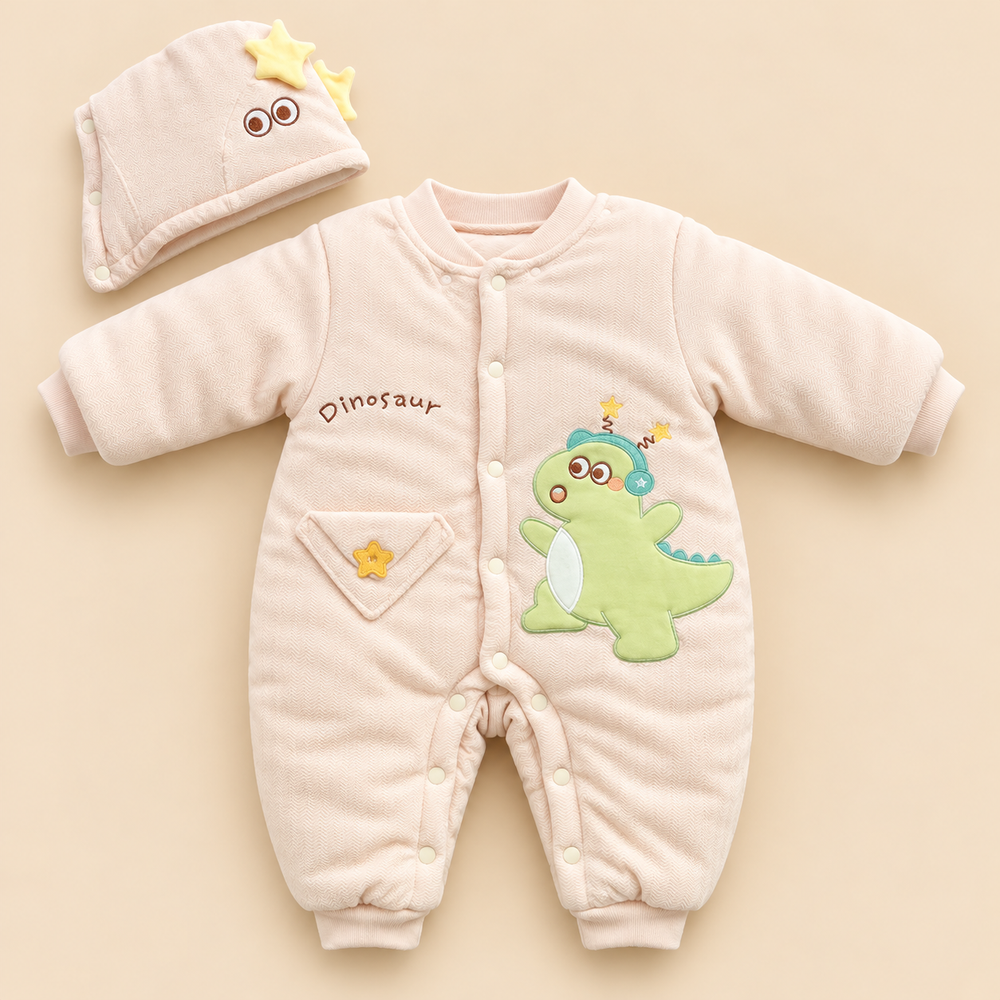 Cute Dinosaur Padded Winter Romper with Matching Hat – 2 Piece Set