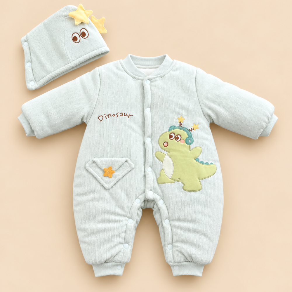 Cute Dinosaur Padded Winter Romper with Matching Hat – 2 Piece Set