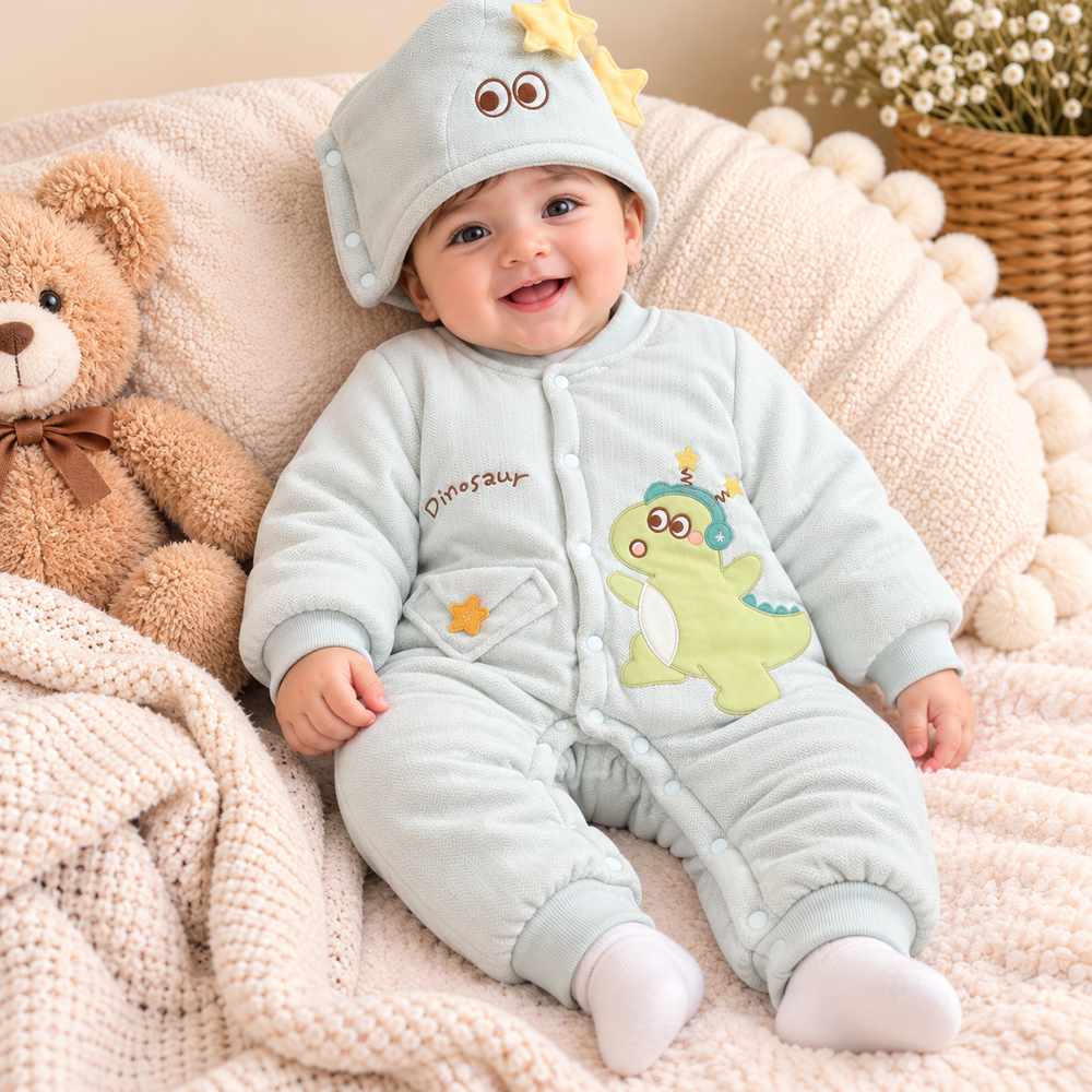 Cute Dinosaur Padded Winter Romper with Matching Hat – 2 Piece Set