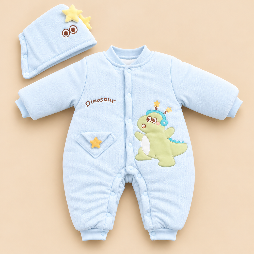 Cute Dinosaur Padded Winter Romper with Matching Hat – 2 Piece Set