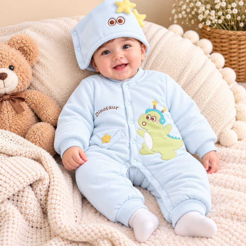 Cute Dinosaur Padded Winter Romper with Matching Hat – 2 Piece Set