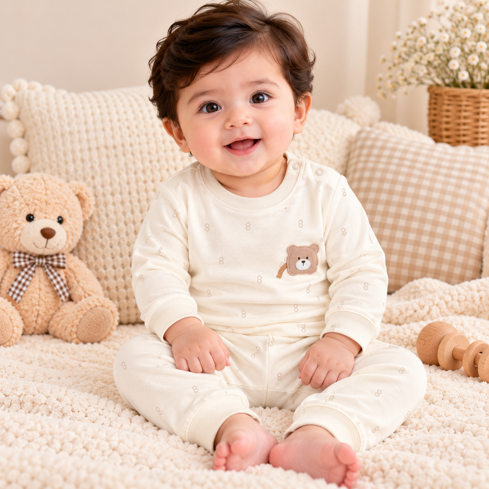 Baby Teddy Bear & Animal Print 2-Piece Outfit Set – Full Sleeves & Pants