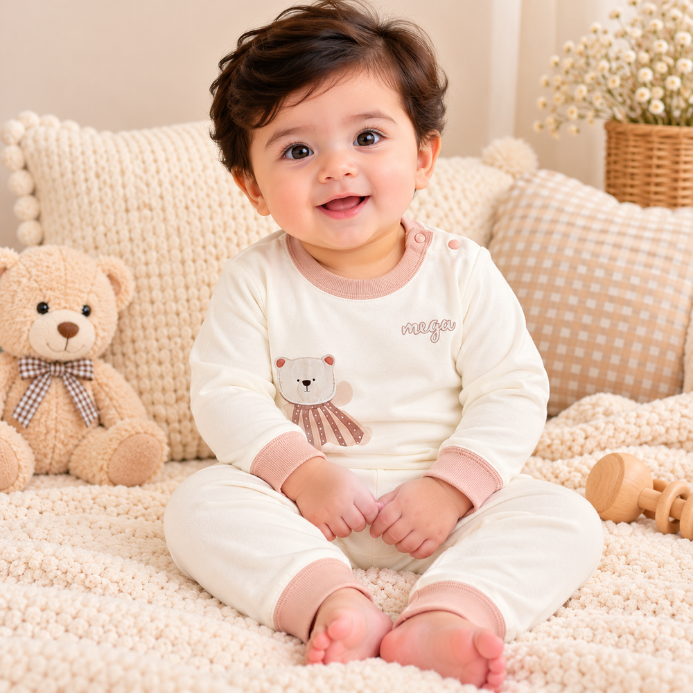 Baby Teddy Bear & Animal Print 2-Piece Outfit Set – Full Sleeves & Pants