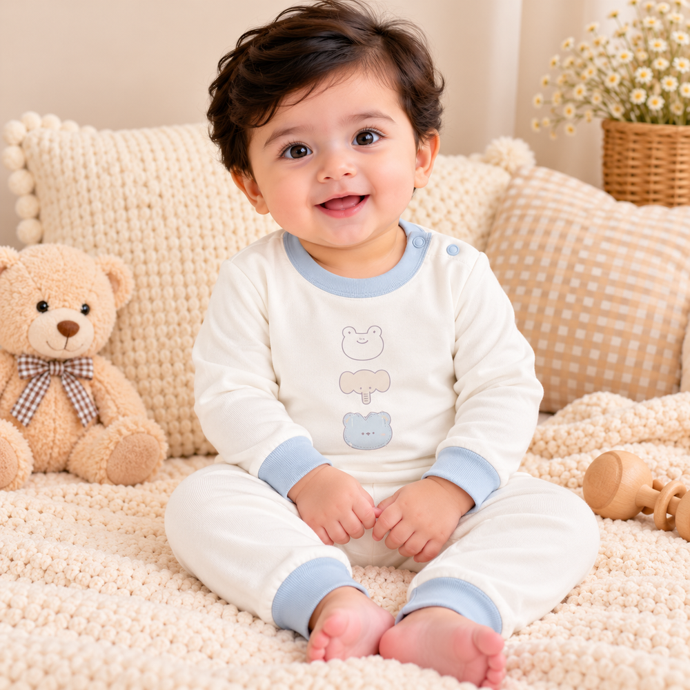 Baby Teddy Bear & Animal Print 2-Piece Outfit Set – Full Sleeves & Pants