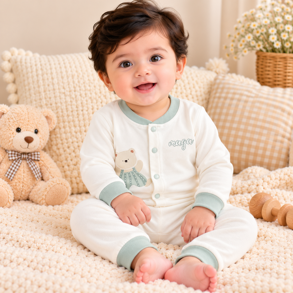 Baby Teddy Bear & Animal Print 2-Piece Outfit Set – Full Sleeves & Pants