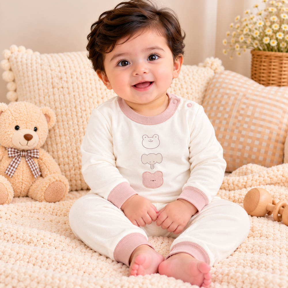 Baby Teddy Bear & Animal Print 2-Piece Outfit Set – Full Sleeves & Pants