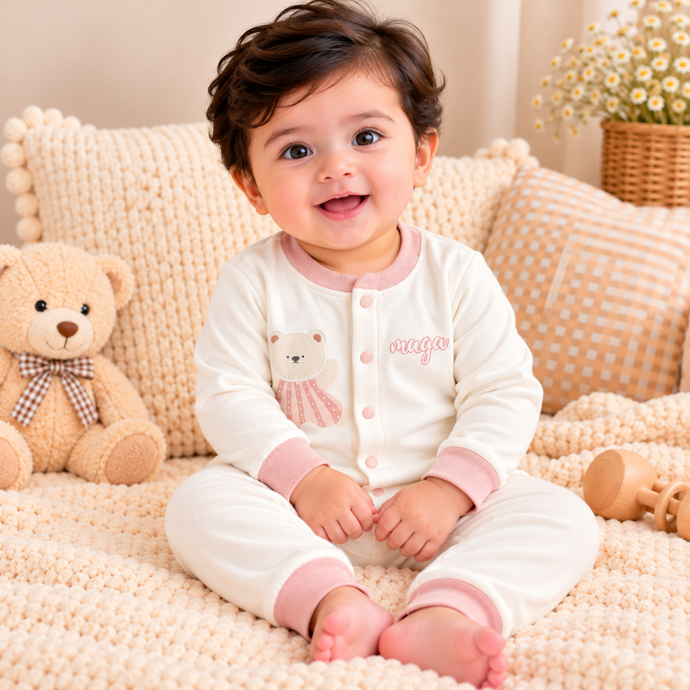 Baby Teddy Bear & Animal Print 2-Piece Outfit Set – Full Sleeves & Pants