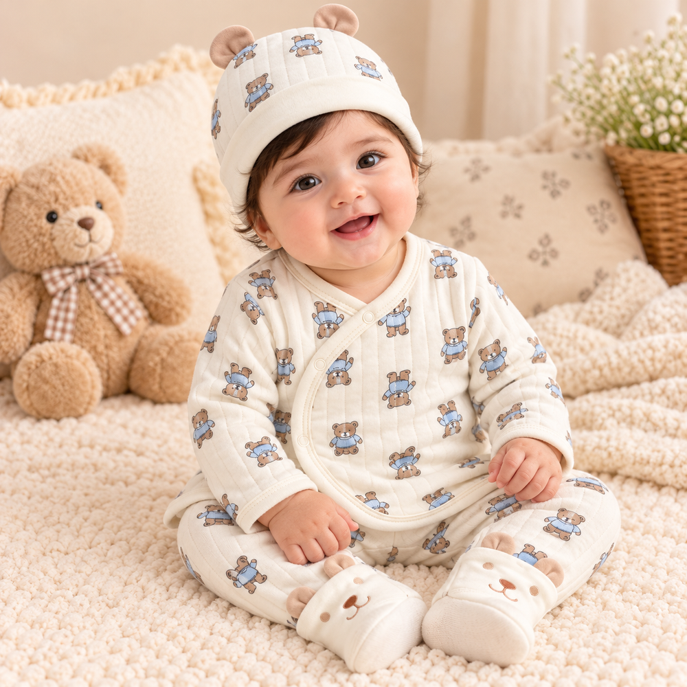 Baby Teddy Bear 3-Piece Outfit Set – Wrap Top, Pants & Bear Ear Cap