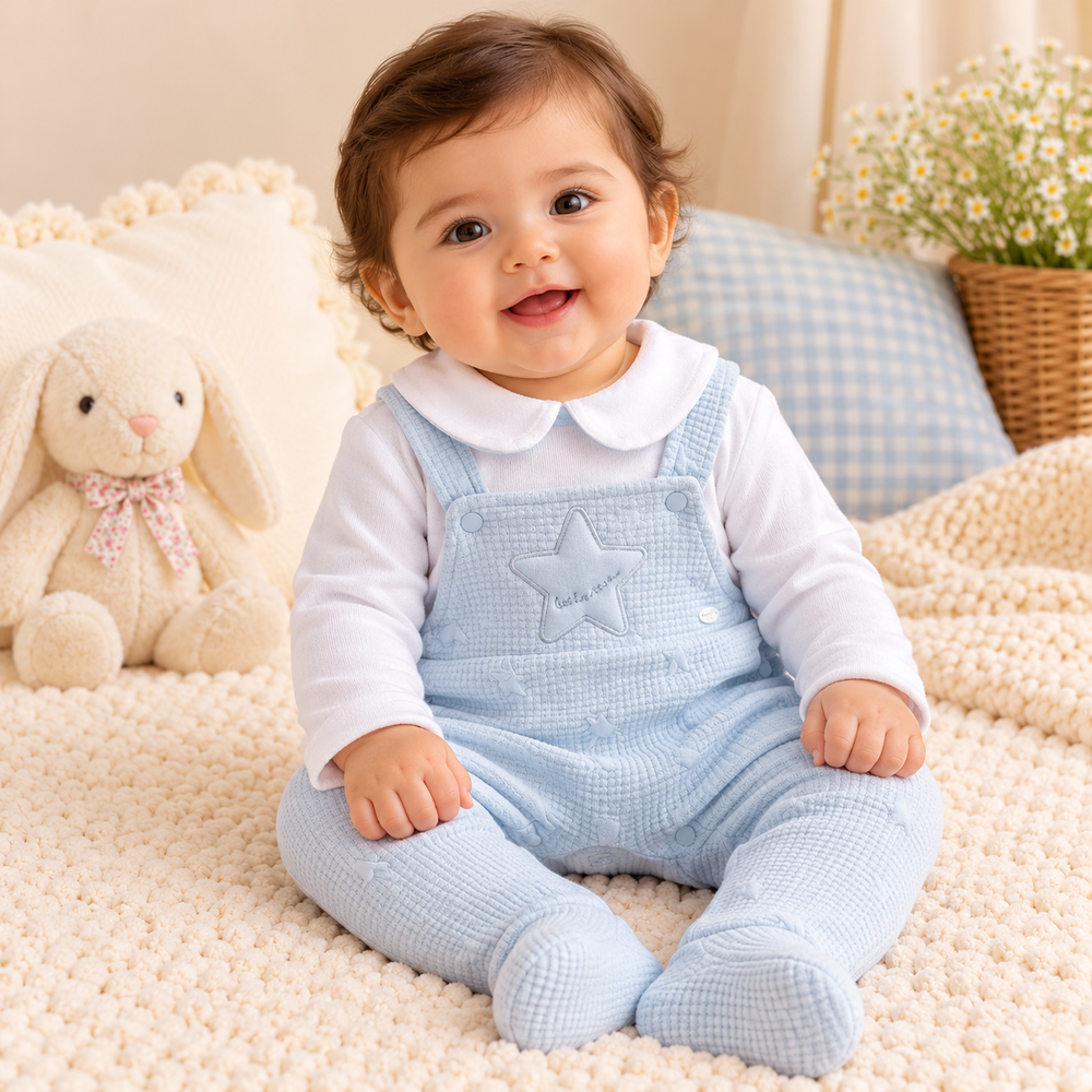 Baby Little Star 2-Piece Dungaree Romper Set – Pastel Blue & White