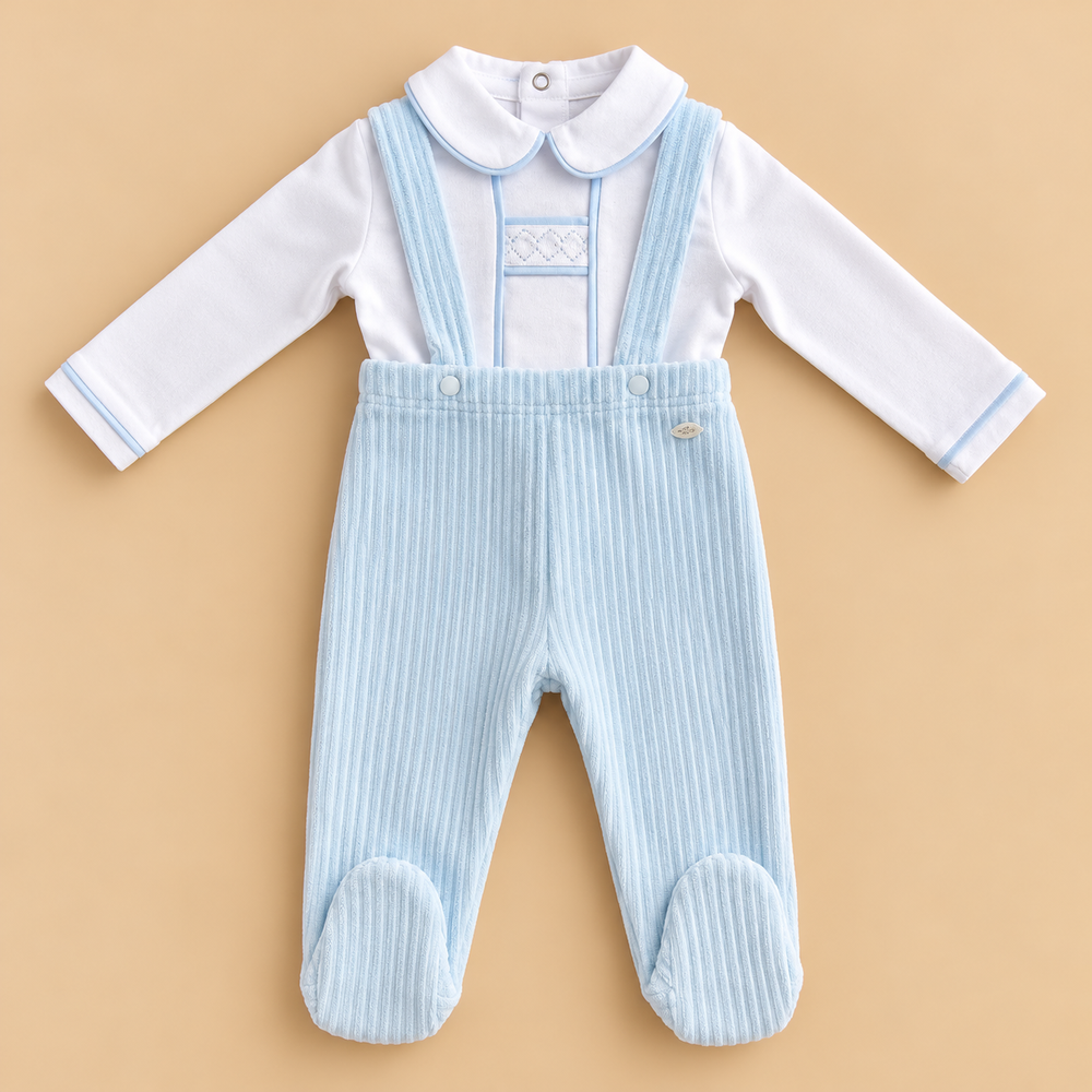 Baby Little Gentleman 2-Piece Ribbed Dungaree Set – Pastel Blue & White