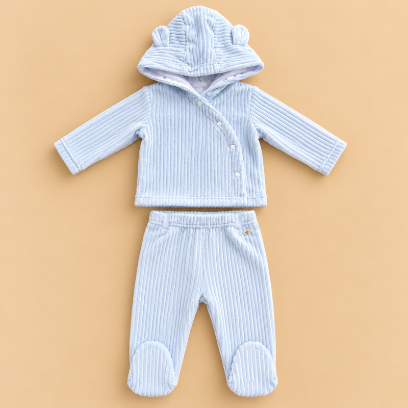 Baby Bear Ear Hooded 2-Piece Ribbed Outfit Set – Pastel Blue