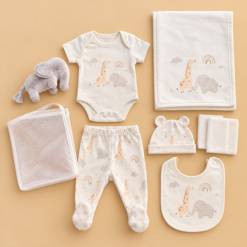 Newborn Baby 10-Piece Safari Animal Starter Gift Set – Ivory Cream