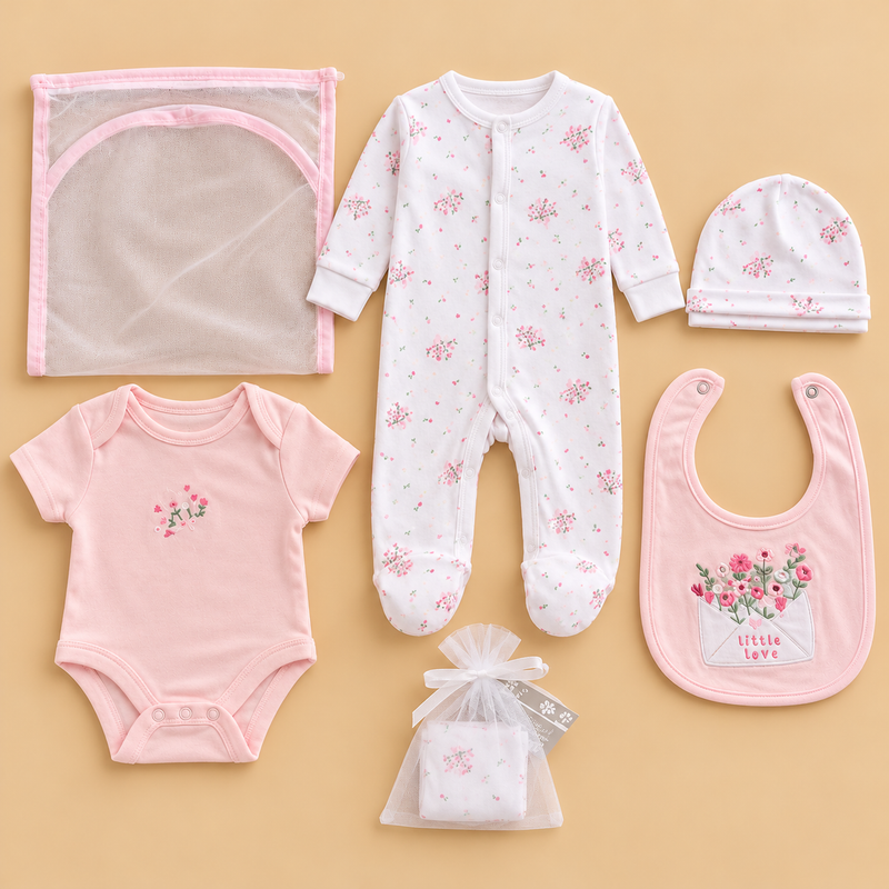 Baby Girl Floral 5-Piece Starter Gift Set – Blush Pink & White