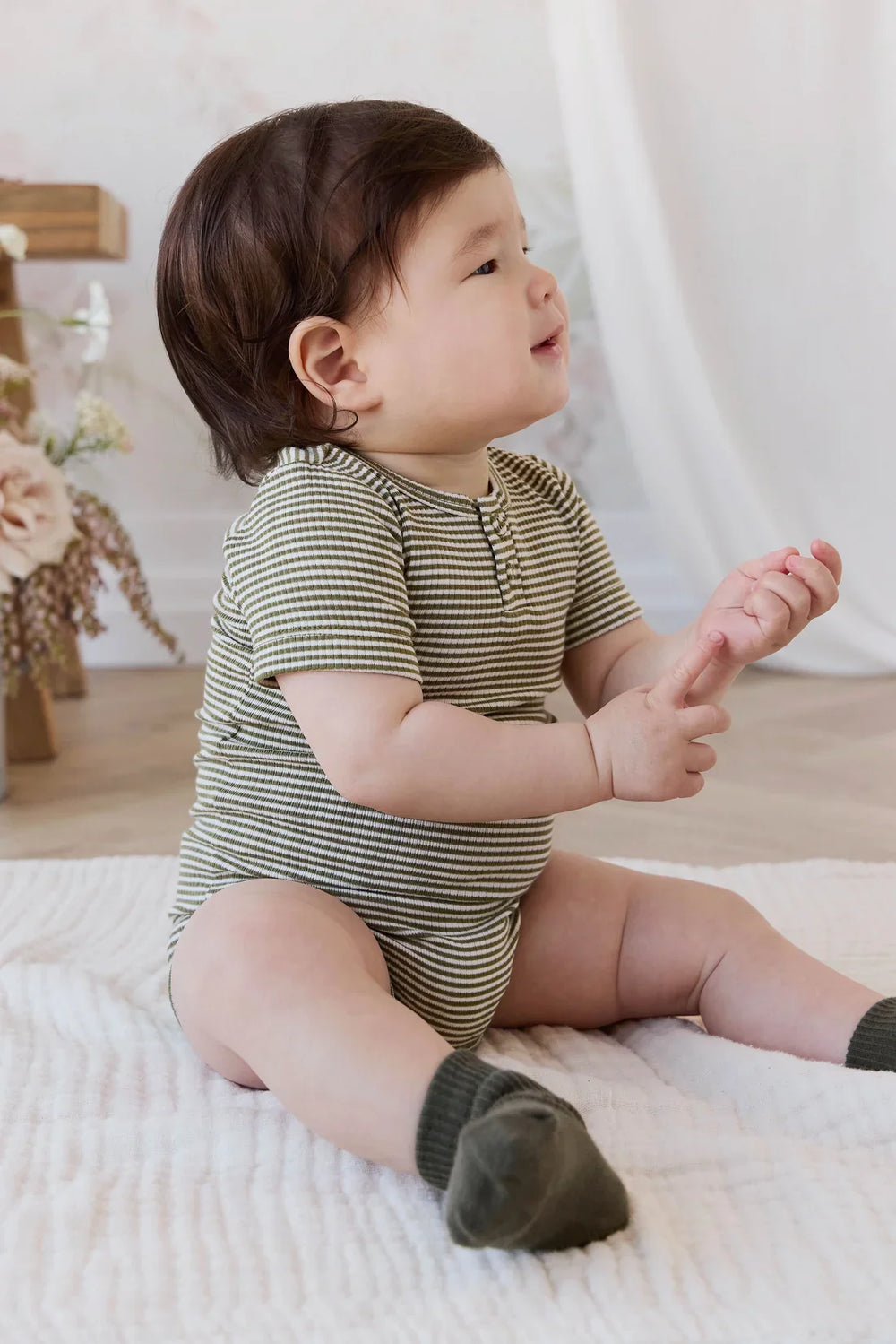 Organic Cotton Modal Darcy Rib Tee Bodysuit - Petite Stripe Avocado Oil / Cloud