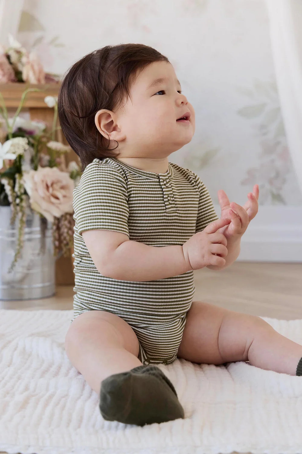Organic Cotton Modal Darcy Rib Tee Bodysuit - Petite Stripe Avocado Oil / Cloud