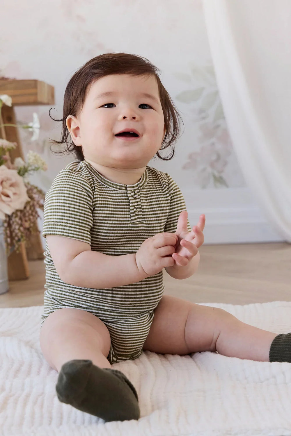 Organic Cotton Modal Darcy Rib Tee Bodysuit - Petite Stripe Avocado Oil / Cloud