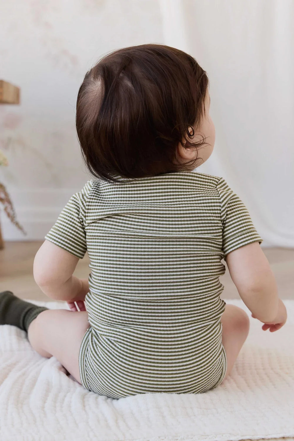 Organic Cotton Modal Darcy Rib Tee Bodysuit - Petite Stripe Avocado Oil / Cloud