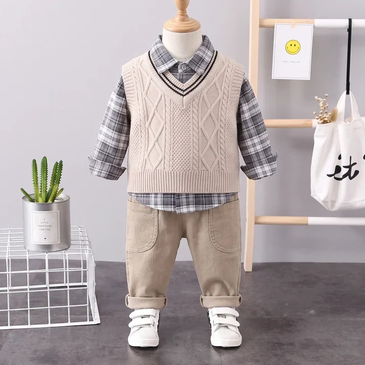 3-Piece Boys Plaid Vest Set – Cable Knit Vest, Plaid Shirt & Cargo Pants (6M–5Y)