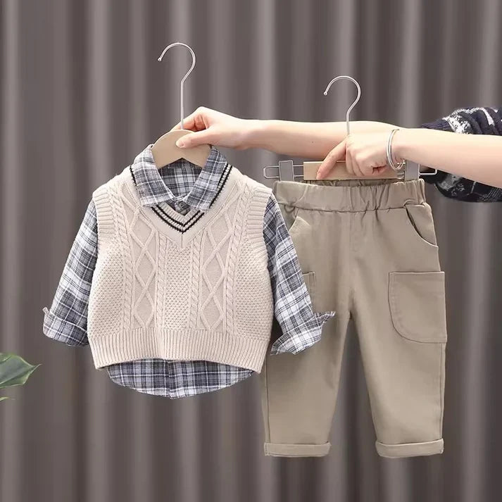 3-Piece Boys Plaid Vest Set – Cable Knit Vest, Plaid Shirt & Cargo Pants (6M–5Y)
